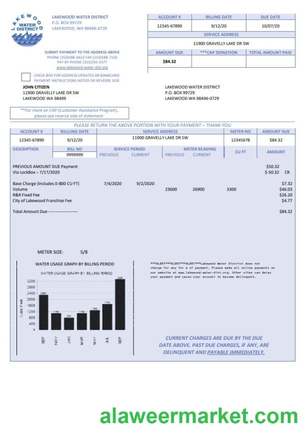 USA Lakewood Water District utility bill template in Word and PDF format